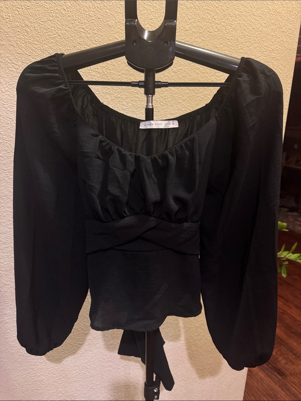 Altar'd State Black Puff-Sleeve Square Neck Peplum Blouse